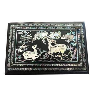 VTG Chinese Deer Inlay mother of pearl Abalone Jewelry Box Black Lacquer Floral